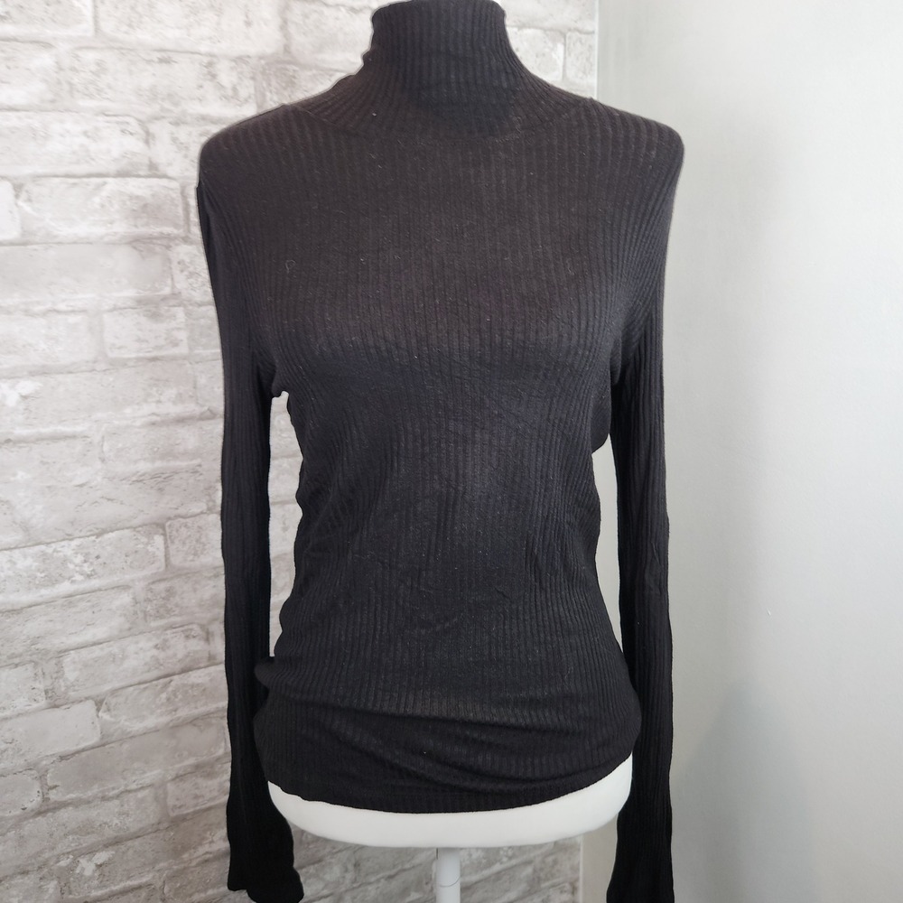 Rachel Zoe Mock neck Top Black Ribbed Knit Long Sleeve Chic Minimalist S